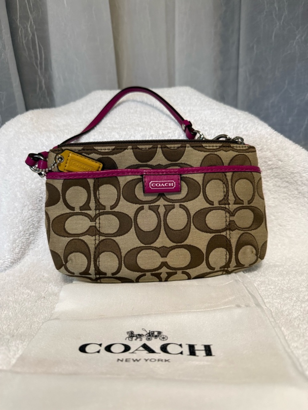 Coach Signature Canvas Wristlet in Khaki with Pink Trim